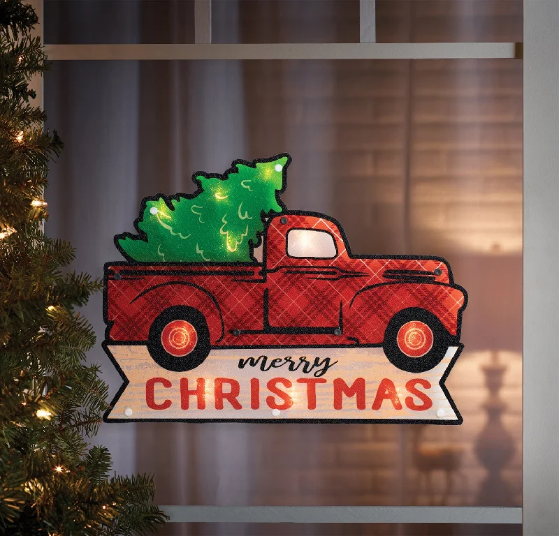 10 Light Shimmer Red Plaid Truck Christmas Silhouette