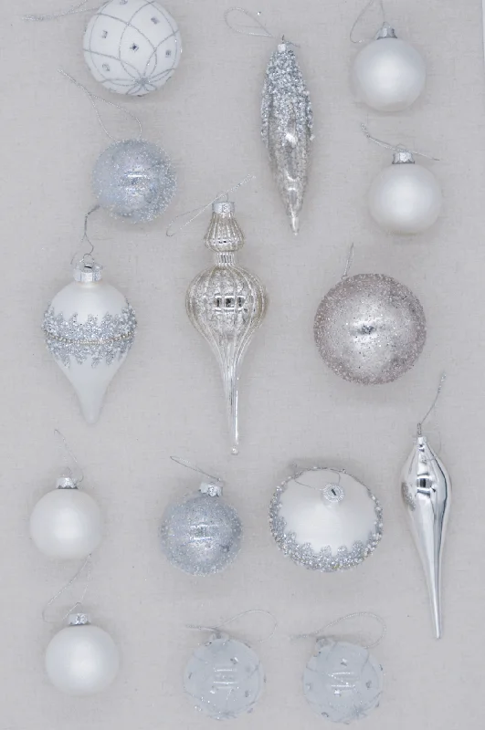 Winter Frost 15-Piece Glass Ornament Set (White-Silver)