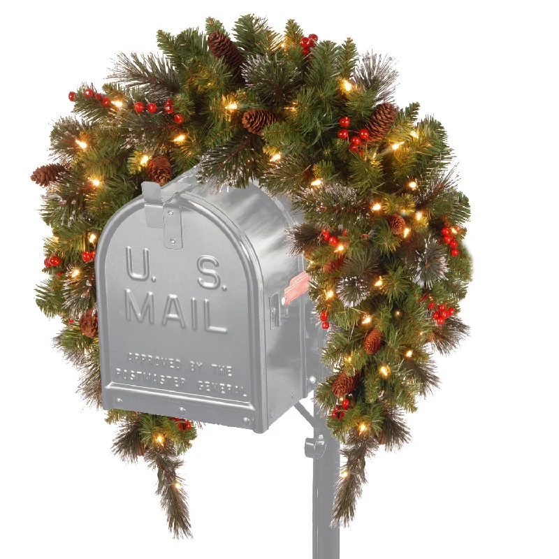 36" Battery-Operated Classic Spruce Mailbox Swag with Warm White Lights, Pine Cones and Berries