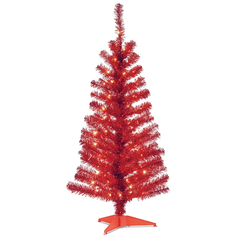 4 ft. Pre-Lit Tinsel Collection Red Tree with Clear Lights