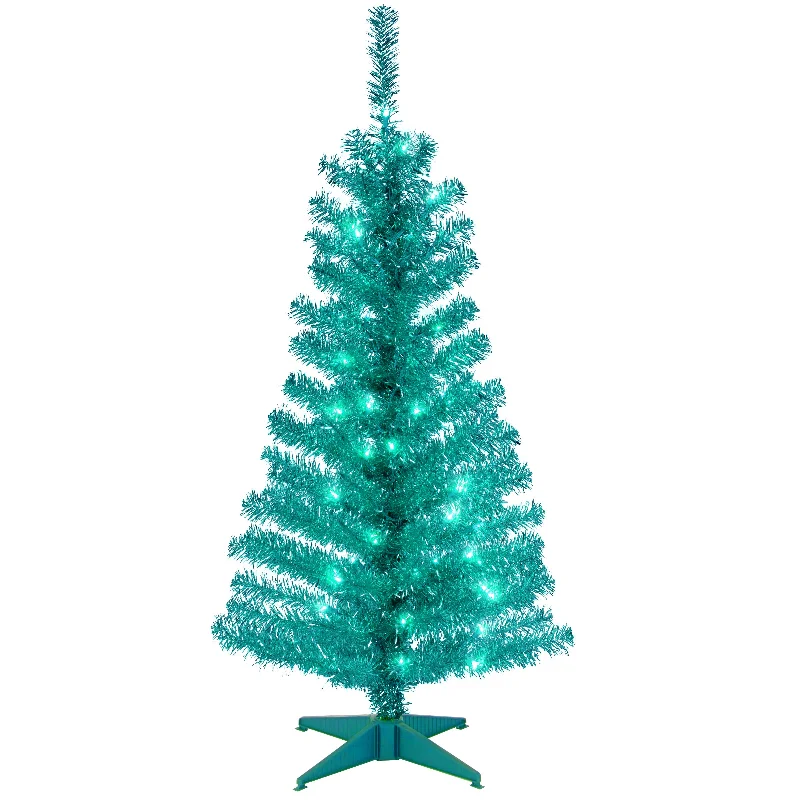 4 ft. Pre-Lit Tinsel Collection Turquoise Tree with Clear Lights