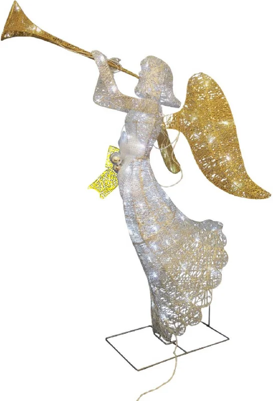 48" Silver Sisal LED Angel with Trumpet Lighted Sculpture