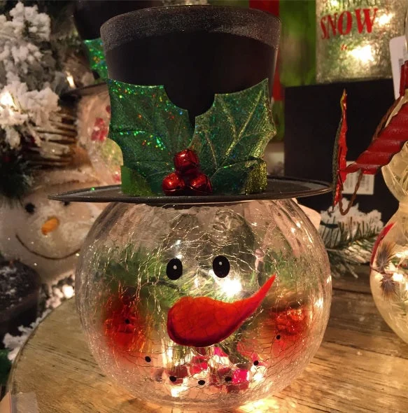 8" Electric Lighted Crackle Glass Snowman