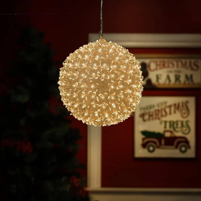 (Warm White) Hanging Sphere Ornament Pre-Lit with Warm White LED Lights