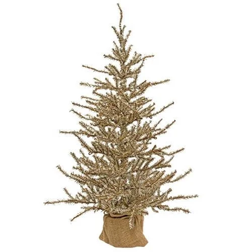 Antiqued Silver Tinsel Tree w Burlap Base 3ft