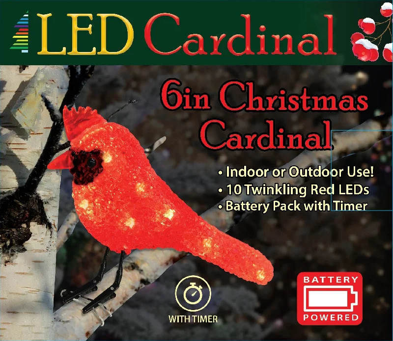 6" Battery-Operated LED Cardinal Decoration with Clipped Feet