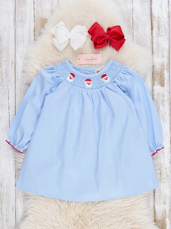 Blue Chambray Smocked Santas Ruffle Dress