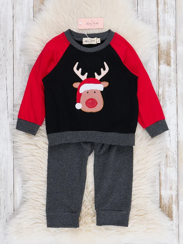 Grey & Red Embroidered Reindeer Raglan Outfit