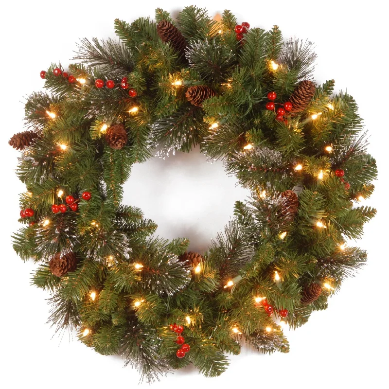 Pre-Lit Classic Spruce Wreath with Warm White Lights, Pine Cones and Berries