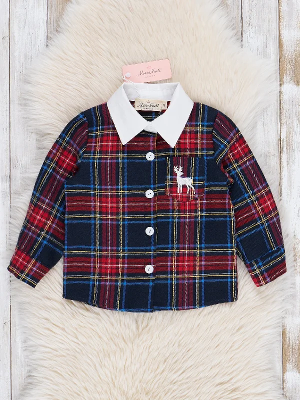 Embroidered Reindeer Plaid Button-Up Shirt