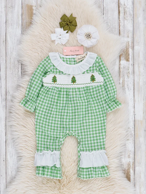 Evergreen Gingham Smocked Ruffle Romper