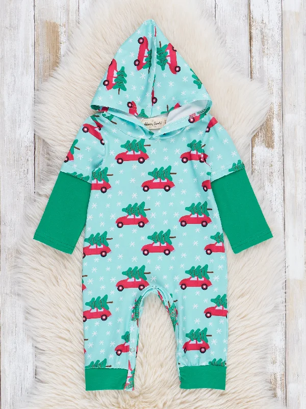 Green Evergreen Cars Hoodie Romper