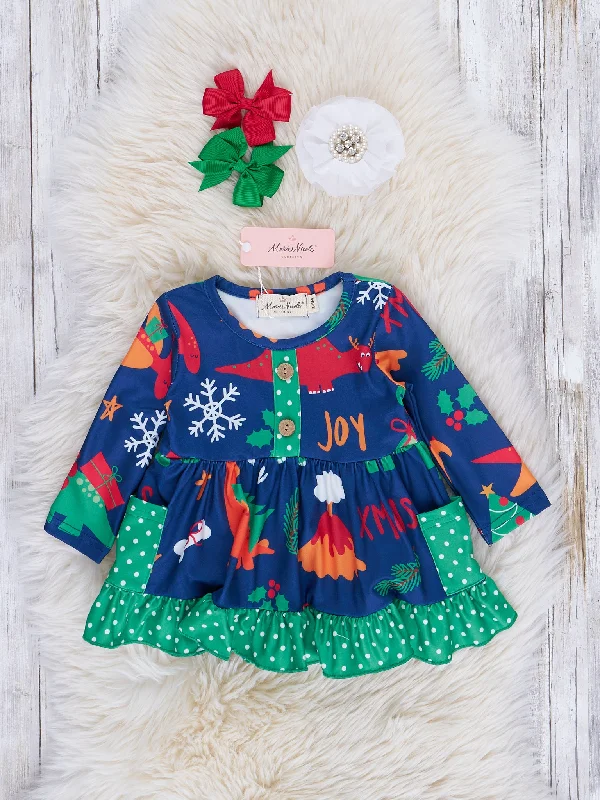 Green Holiday Dots & Dinosaurs Ruffle Romper