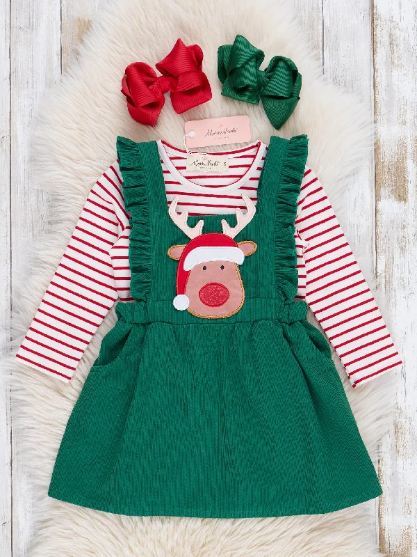 Green & Red Striped Embroidered Reindeer Skirtall Set