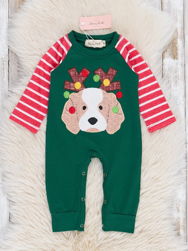 Green & Red Stripes Embroidered Puppy Romper