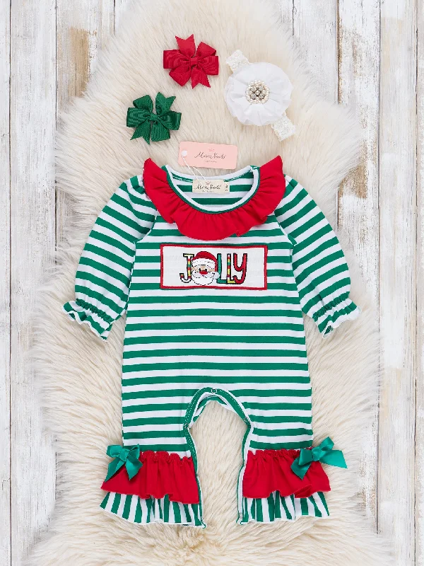 Green Stripe Jolly Santa Ruffle Romper - Restocked!