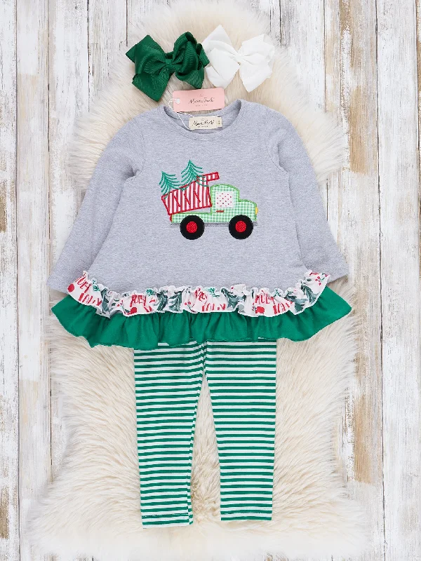 Grey & Green Striped Evergreen Ruffle Outfit