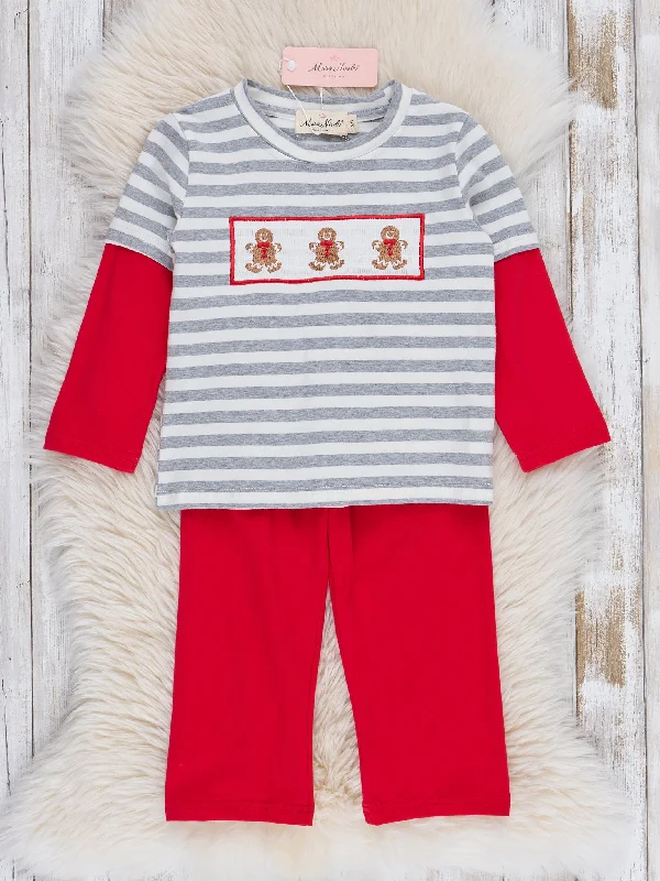 Grey Striped Smocked Gingerbread Outfit