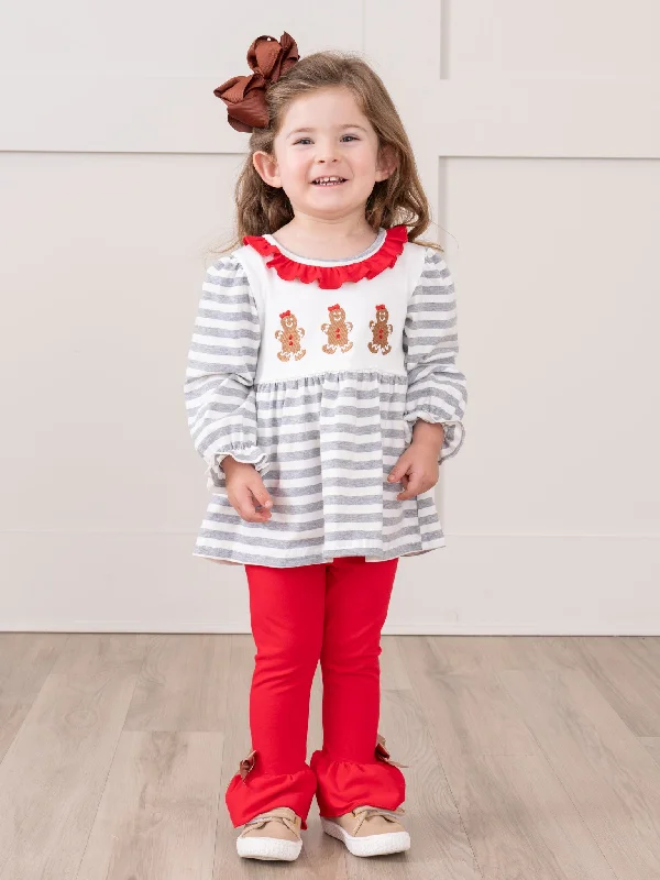 Grey Striped Smocked Gingerbread Ruffle Outfit