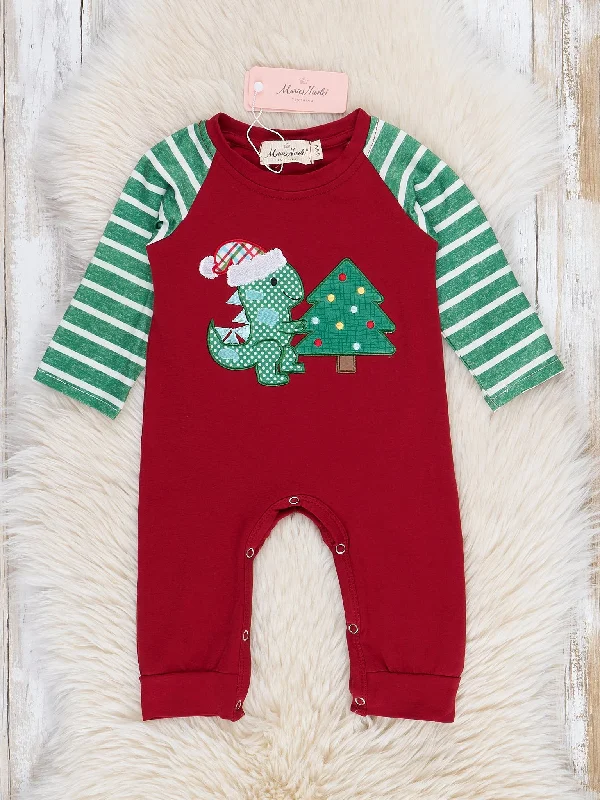 Holiday Dino Striped Raglan Romper