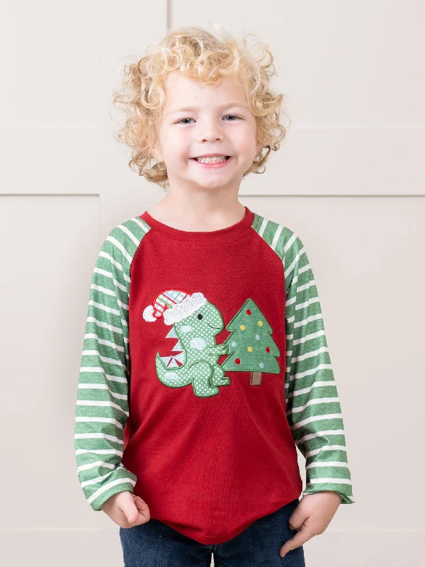 Holiday Dino Striped Raglan Shirt