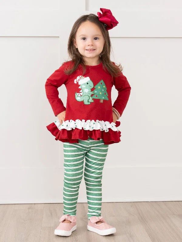 Holiday Dino Striped Ruffle Outfit