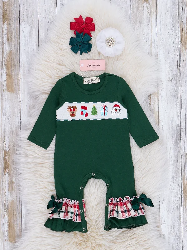 Hunter Green Smocked Holiday Plaid Ruffle Romper - Restocked!