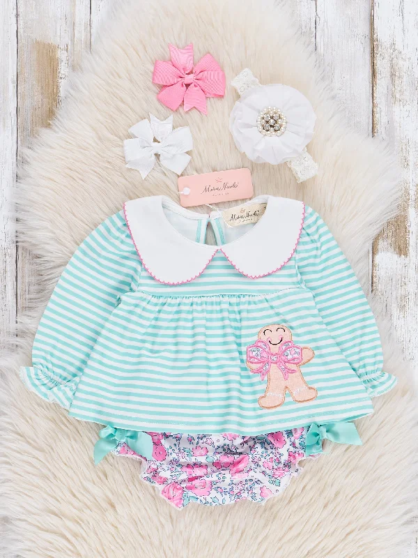 Mint Embroidered Gingerbread Striped Bloomers Outfit