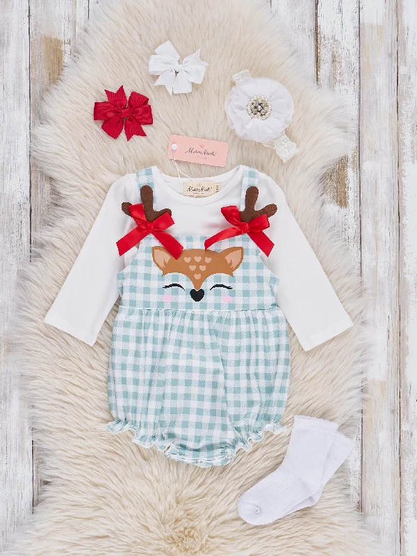 Mint Gingham Reindeer Overalls Bubble Set