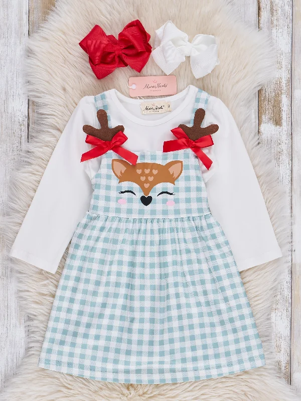 Mint Gingham Reindeer Skirtall Set