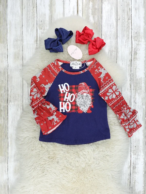 Navy "HO HO HO" Ruffle Raglan Shirt