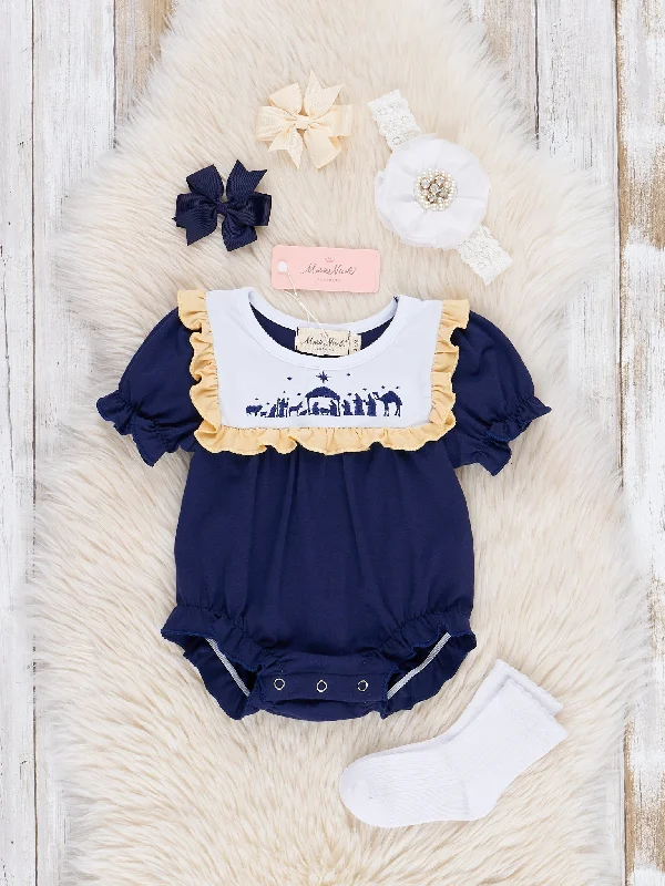 Navy & Yellow Embroidered Nativity Ruffle Bubble