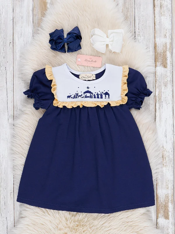 Navy & Yellow Embroidered Nativity Ruffle Dress