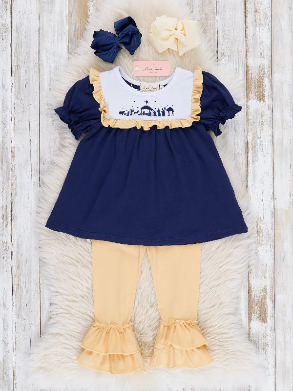 Navy & Yellow Embroidered Nativity Ruffle Outfit