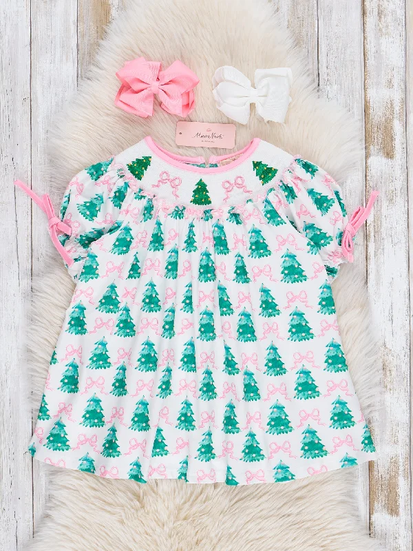 Pink Bows & Evergreens Smocked Dress