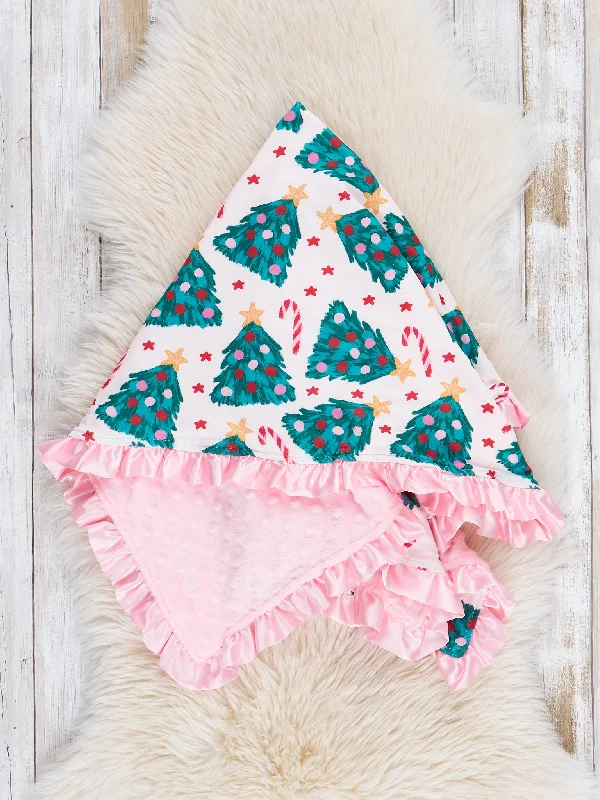 Pink Dots & Evergreens Ruffle Minky Blanket