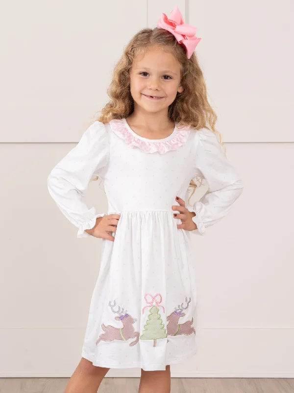 Pink Reindeer Prancing Reindeer Ruffle Dress