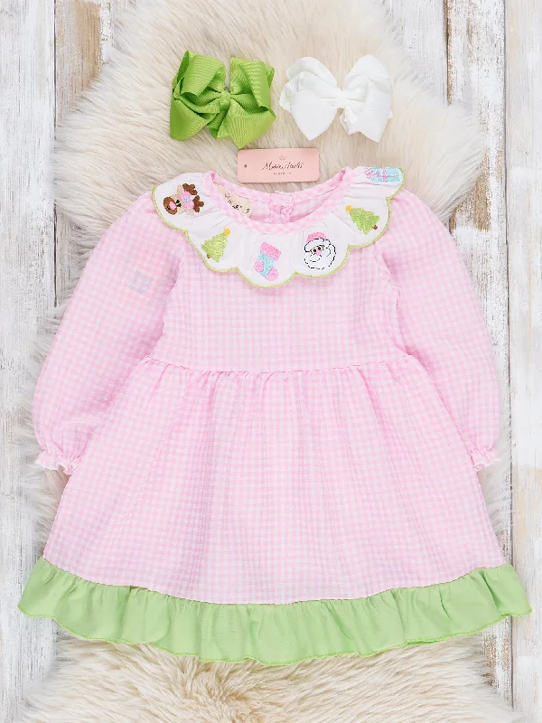 Pink Gingham & Lime Embroidered Holiday Dress