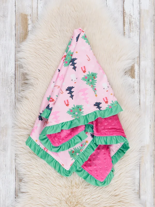 Pink & Green Holiday Forest Ruffle Minky Blanket