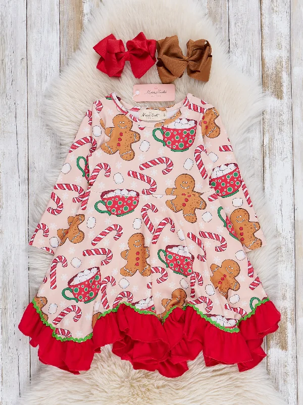 Beige & Red Gingerbread & Cocoa Ruffle Dress