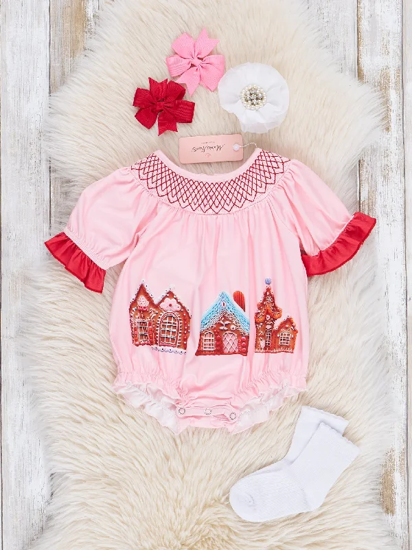 Pink & Red Smocked Gingerbread House Ruffle Bubble