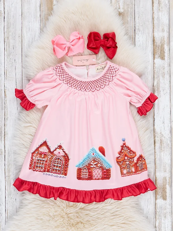 Pink & Red Smocked Gingerbread House Ruffle Dress