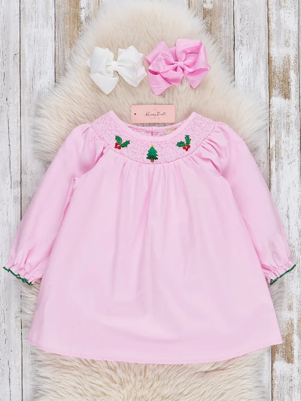 Pink Smocked Holiday Berries Cotton Dress