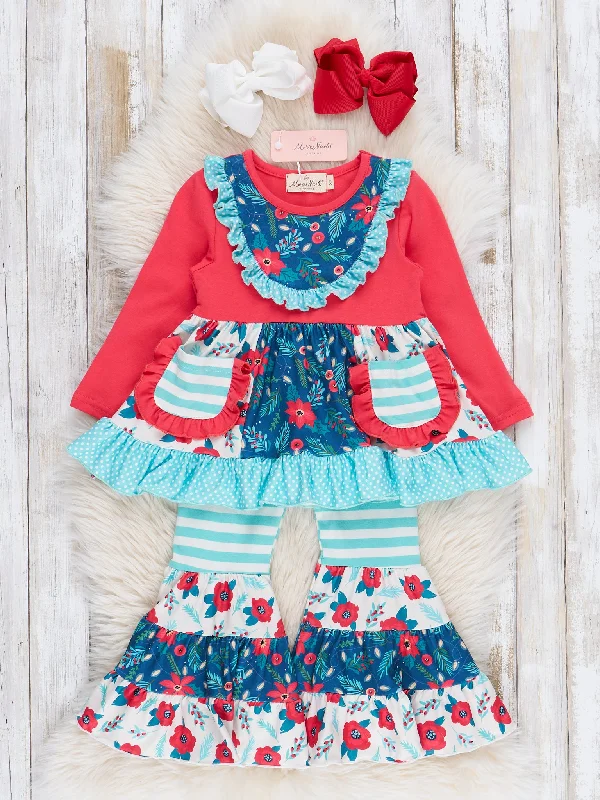 Pocket Flara Bells Outfit - Blue Poinsettias