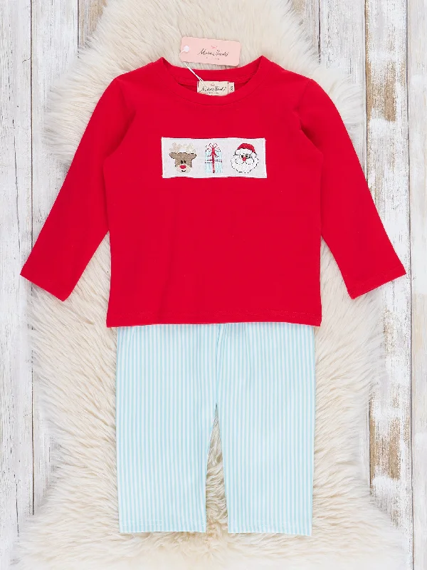 Red & Blue Smocked Season's Greetings Outfit