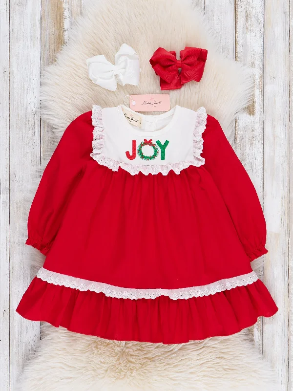 Red Embroidered "Joy" Ruffle Dress