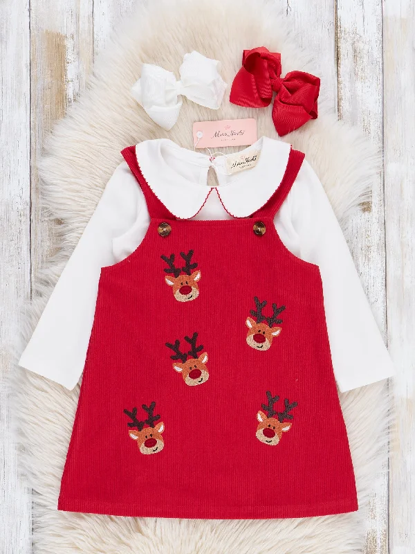 Red Embroidered Reindeer Corduroy Skirtall Set