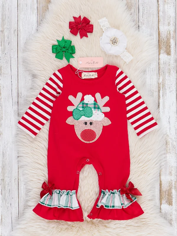 Red Embroidered Reindeer Ruffle Romper