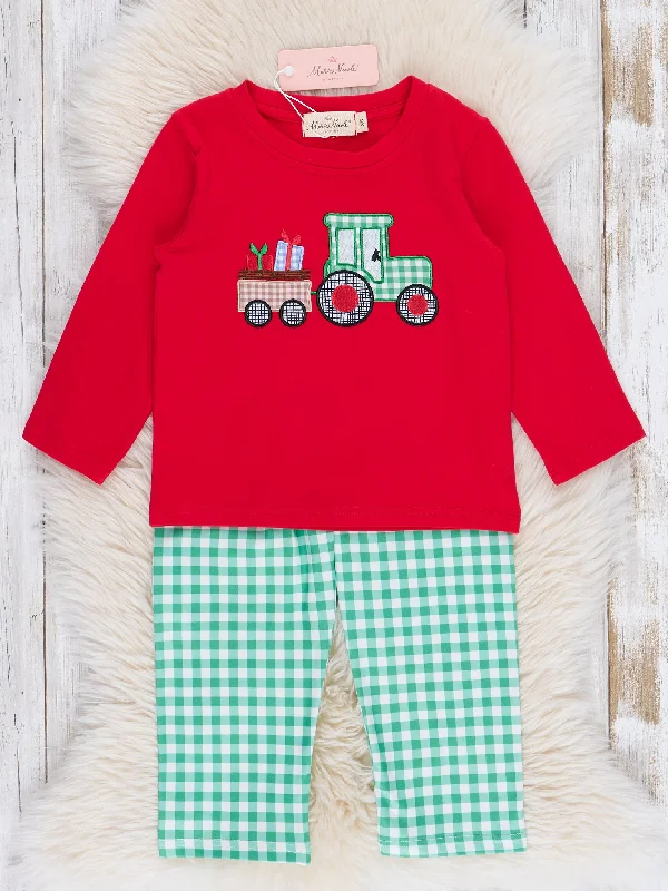 Red & Green Gingham Embroidered Holiday Train Outfit