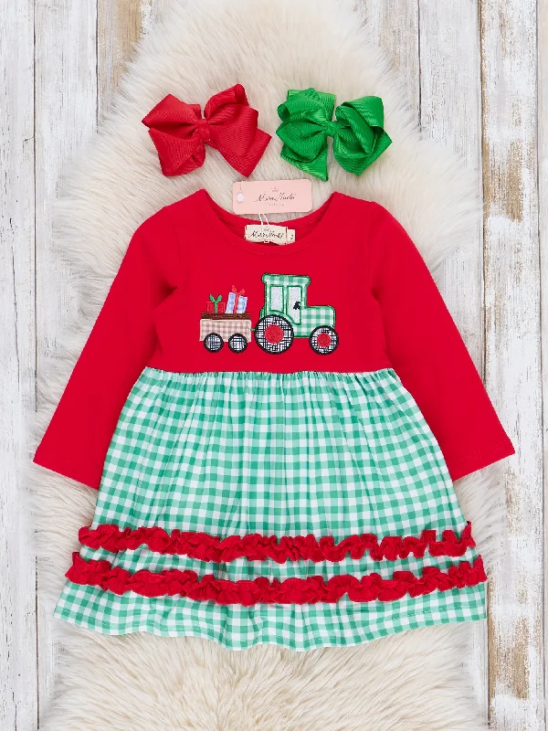 Red & Green Gingham Embroidered Holiday Train Ruffle Dress